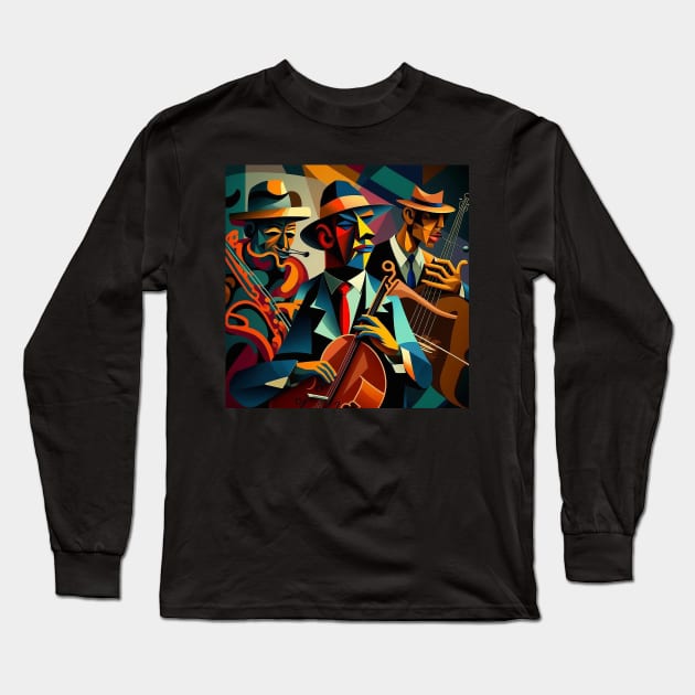 Abstract Art - men playing JAZZ Long Sleeve T-Shirt by Buff Geeks Art